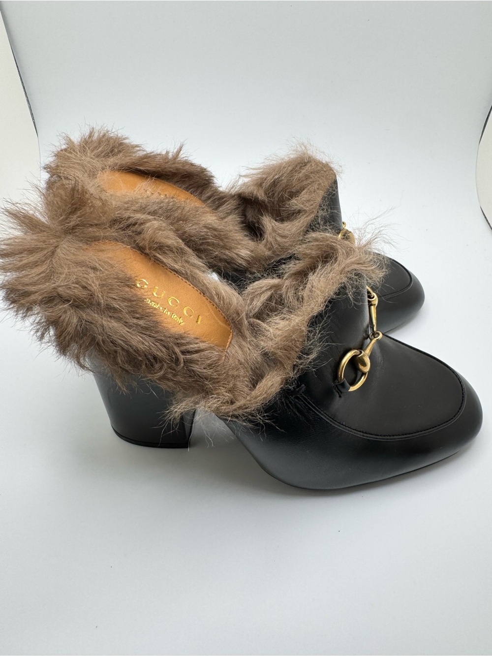 Gucci Princetown Fur Mules Black Leather Horsebit Heels 37